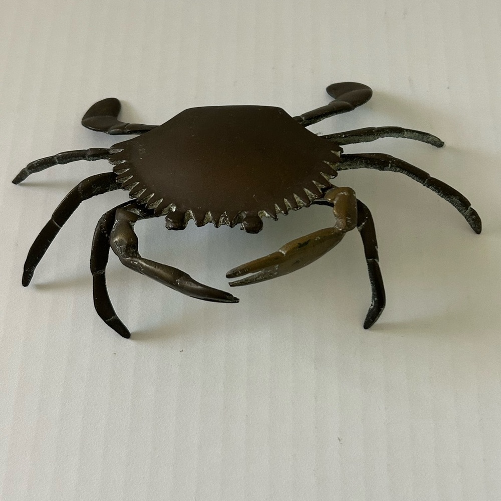 Vintage Solid Brass Crab Ashtray with Hinged Lid and Removable Insert